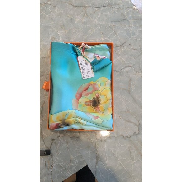 Mish 100% Mulberry Silk Shawl- Blue Scarf with Cherry Blossoms and Birds - Picture 1 of 8